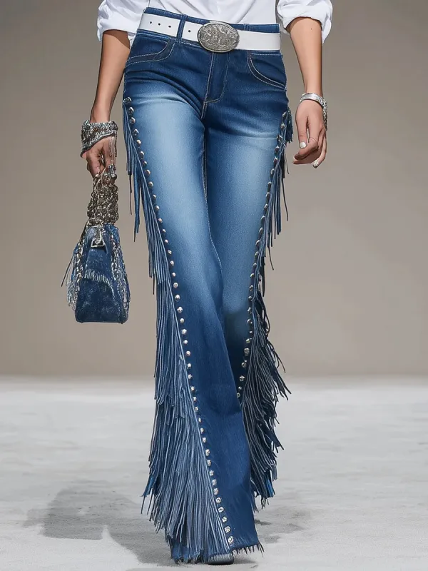 Western Blue Denim Side Tassel Rivet Flared Pants - Hoplady.chimpone.com 