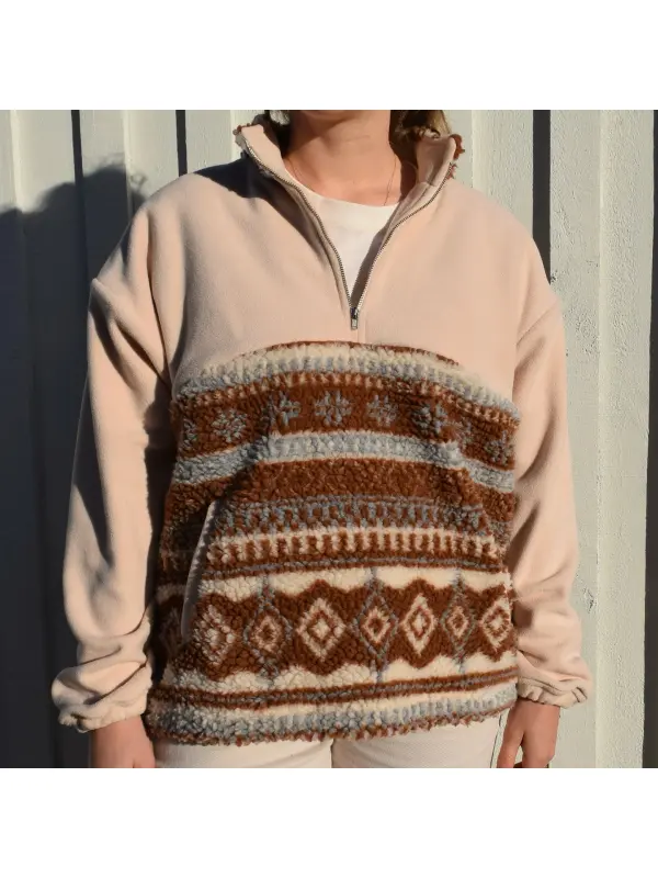Western Ethnic Style Half-zip Fleece Patchwork Sweatshirt - Hoplady.chimpone.com 