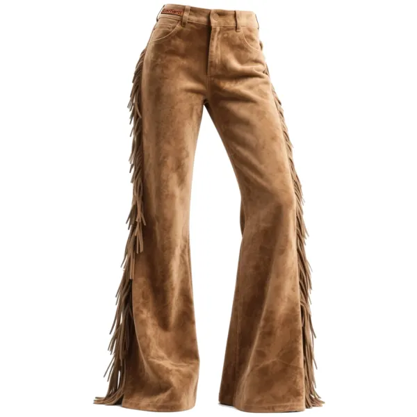 Vintage Western Women's Suede Tassel Flared Wide-Leg Pants - Upgradecool.com 