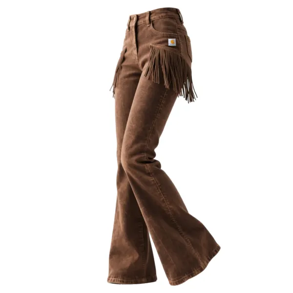 Retro Western-style Women's Washed Denim Tassel Flared Wide-leg Pants - Upgradecool.com 