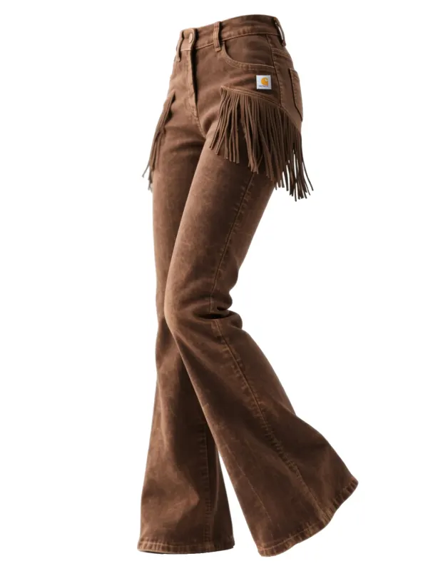 Retro Western-style Women's Washed Denim Tassel Flared Wide-leg Pants - Wantbright.com 