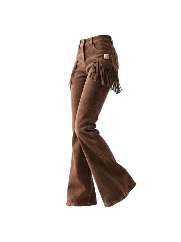 Retro Western-style Women's Washed Denim Tassel Flared Wide-leg Pants - Hoplady.chimpone.com 