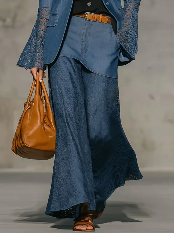 Casual Retro Blue Blended Lace Paneled Wide-Leg Skirt Pants - Hoplady.chimpone.com 