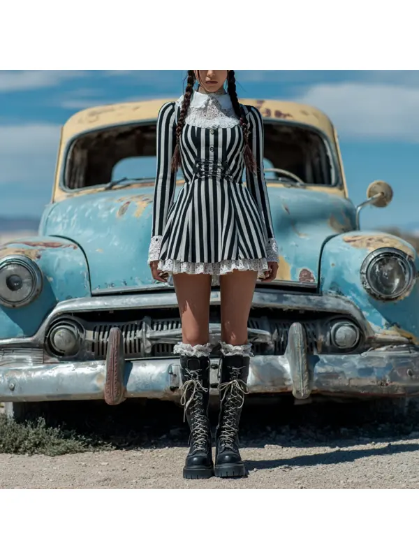 Retro Striped Lace Long-sleeved Mini Skirt - Hoplady.chimpone.com 