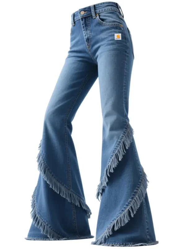 Retro Western-style Women's Washed Denim Tassel Flared Wide-leg Pants - Wantbright.com 