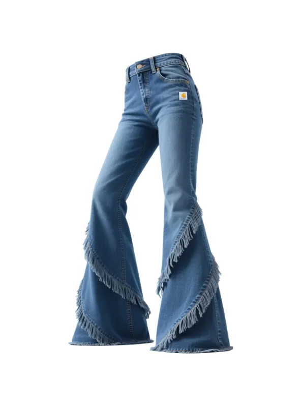Retro Western-style Women's Washed Denim Tassel Flared Wide-leg Pants - Hoplady.chimpone.com 
