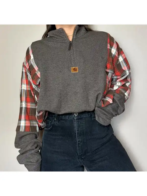 Custom Casual Splicing Flannel Plaid Zipper Sweatshirt - Hoplady.chimpone.com 