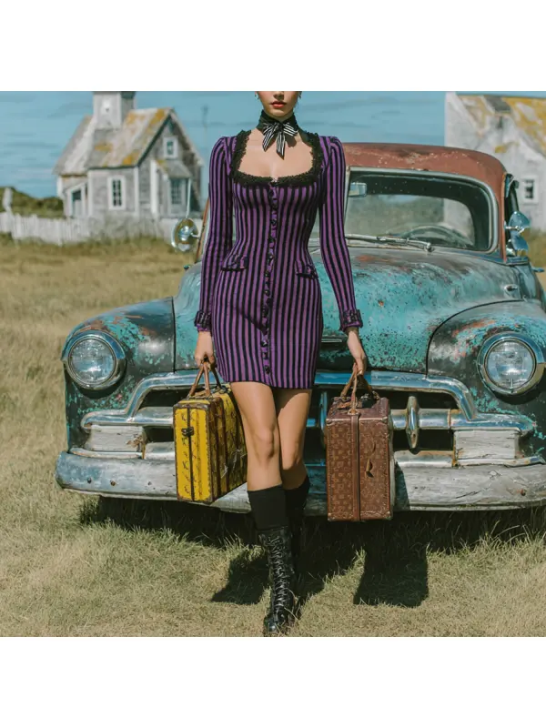 Retro Striped Long-sleeved Miniskirt - Hoplady.chimpone.com 