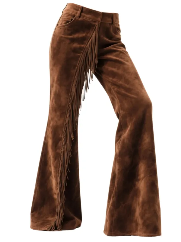 Retro Western Suede Fringed Flared Wide-Leg Pants - Simplyion.com 
