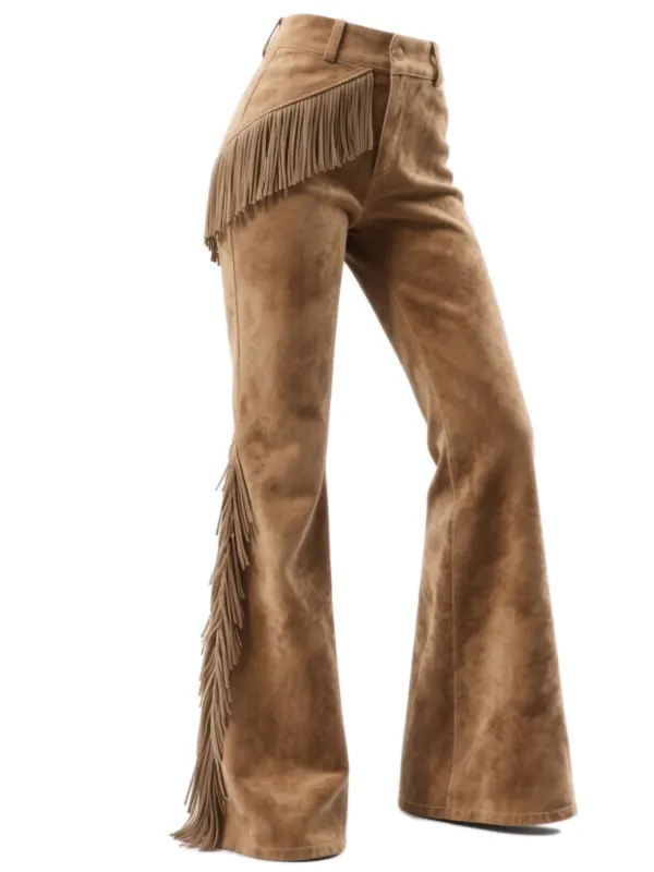 Retro Western Suede Fringed Flared Wide-Leg Pants - Simplyion.com 