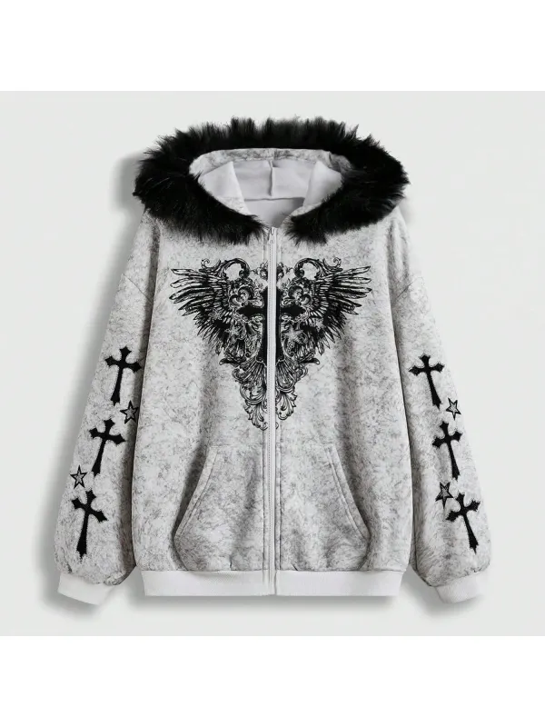 Women's Dark Cross Print Zipper Hoodie - Hoplady.chimpone.com 
