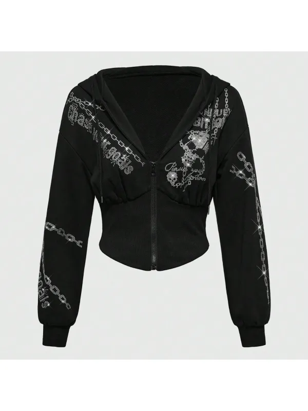 Women's Dark Rhinestone Design Cropped Hoodie - Hoplady.chimpone.com 