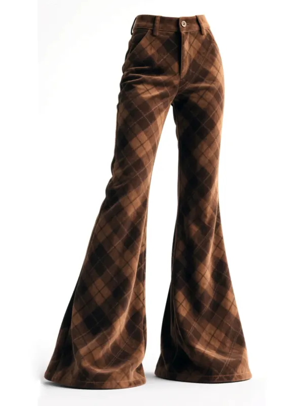 Retro Western Plaid Flared Wide-Leg Pants - Menwyx.com 