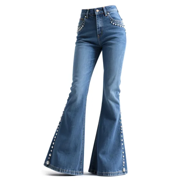 Retro Western Style Ethnic Style Nail Diamond Decorated Denim Flared Wide-leg Pants - Upgradecool.com 