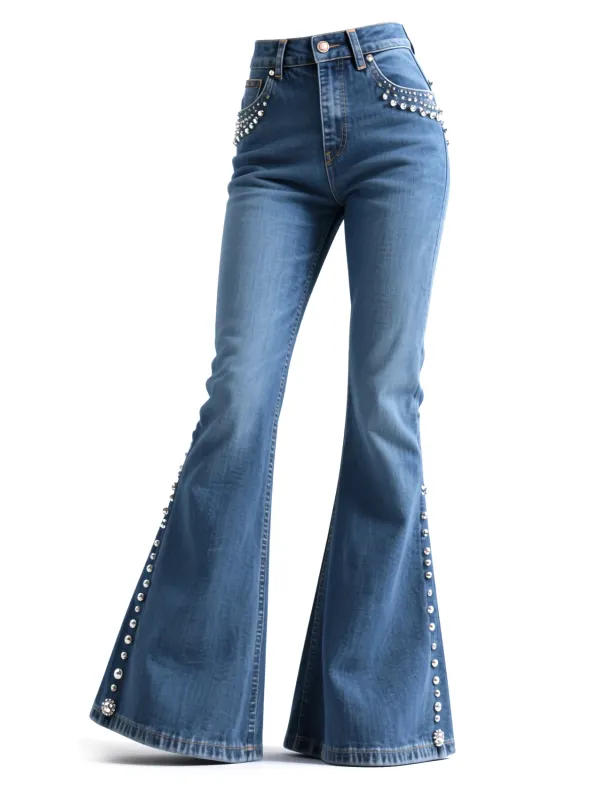 Retro Western Style Ethnic Style Nail Diamond Decorated Denim Flared Wide-leg Pants - Menwyx.com 