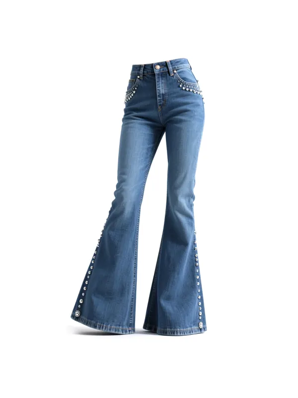 Retro Western Style Ethnic Style Nail Diamond Decorated Denim Flared Wide-leg Pants - Hoplady.chimpone.com 
