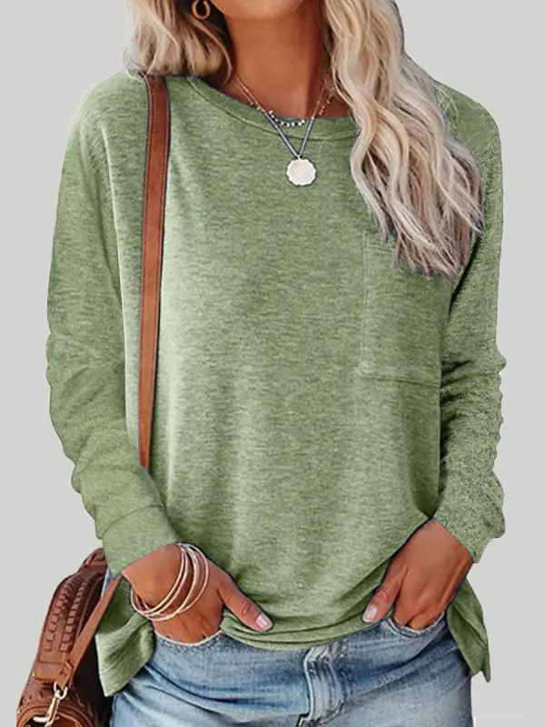 Round Neck Long Sleeve Casual Loose Ladies T-Shirt - Oasisjoy.com 