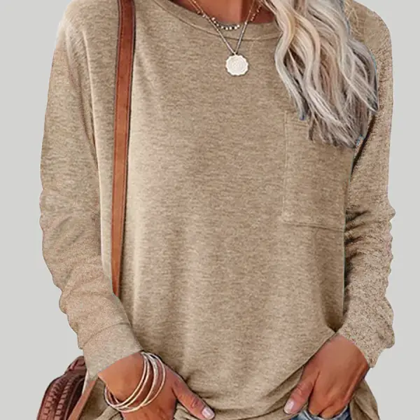 Round Neck Long Sleeve Casual Loose Ladies T-Shirt - Elementnice.com 