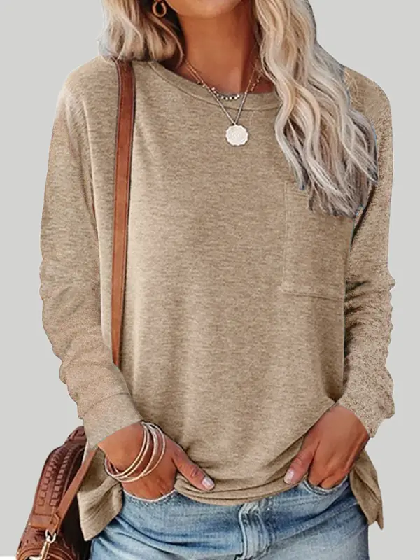 Round Neck Long Sleeve Casual Loose Ladies T-Shirt - Wantbright.com 