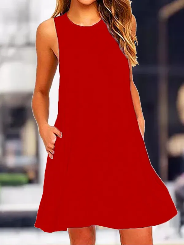 Casual Solid Color Round Neck Dress - Oasisjoy.com 