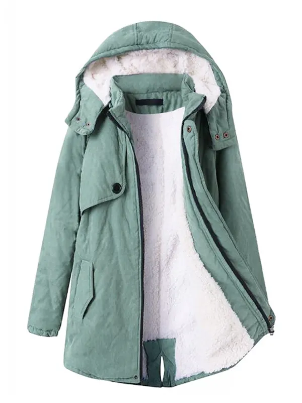 Hooded Flap Pocket Plain Fleece Lined Coat - Maxizero.chimpone.com 