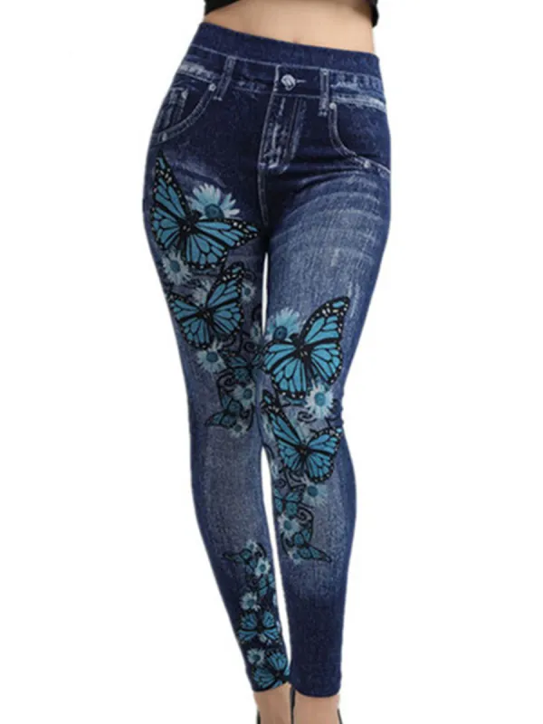 Summer Thin Butterfly Pattern Seamless Denim Super Stretch Leggings - Oasisjoy.com 