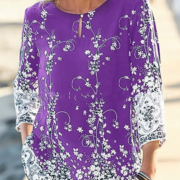 Vintage Print 3/4 Sleeve Top - Kalesafe.com 