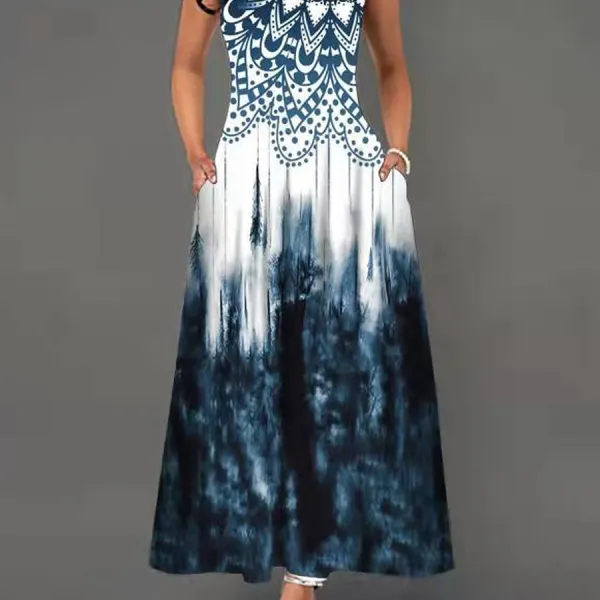 Casual Floral Print Crew Neck Sleeveless Maxi Dress - Rabclub.com 