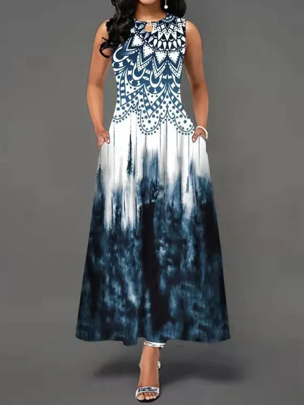 Casual Floral Print Crew Neck Sleeveless Maxi Dress - Wantbright.com 