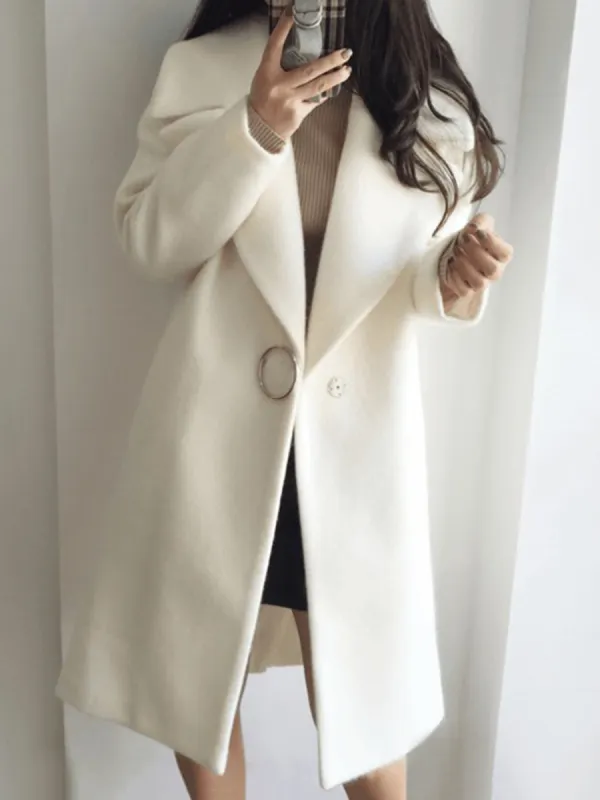 Lapel Single Button Plain Pocket Woolen Coat - Miuwell.com 