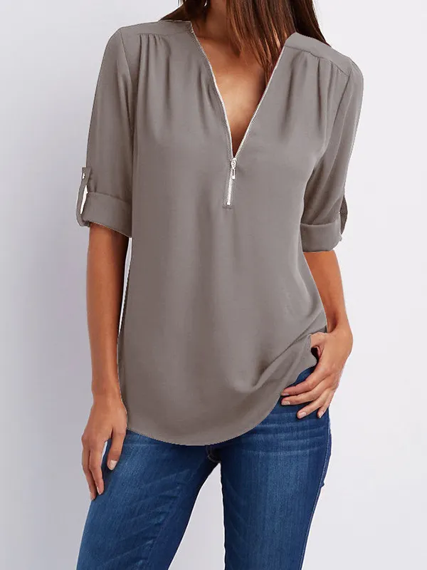 Zips  Plain Shirts&Blouses - Miuwell.com 