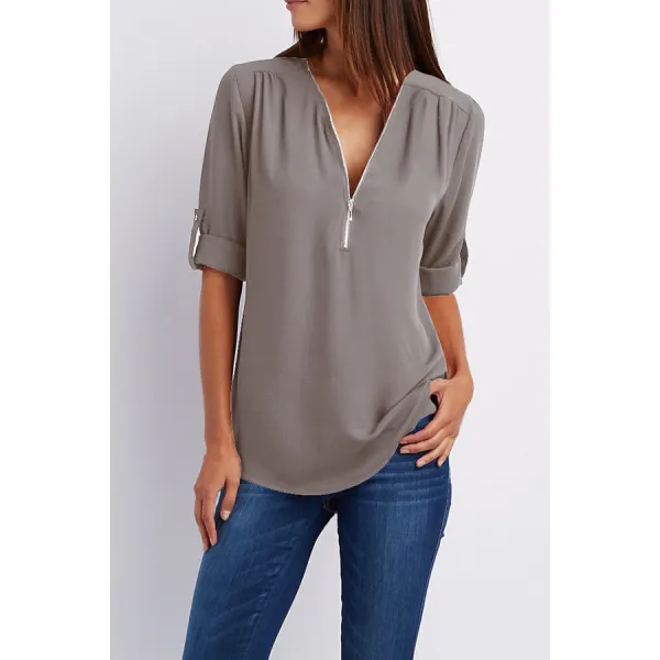 V Neck  Zipper  Patchwork Plain Blouses - Novaabout.com 