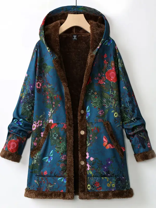 Casual Loose Cashmere Thickened Floral Print Hooded Coat - Maxizero.chimpone.com 