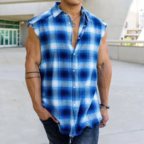 Checked Textured Sleeveless Shirt - Bustalent.com 