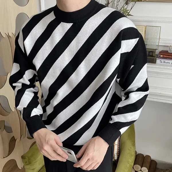 Round Neck Business Casual Long-sleeved Striped Knitted Sweater - Keymimi.com 