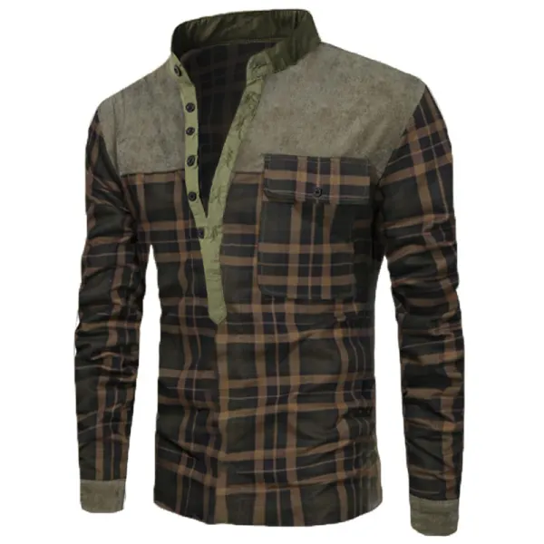 Men's Outdoor Casual Stitching Plaid Tactical Henry Collar Shirt - Wayrates.com 