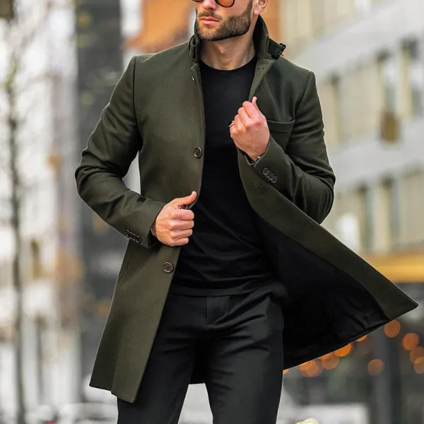 Stand-up Collar Solid Color Long Woolen Coat Jacket - Keymimi.com 