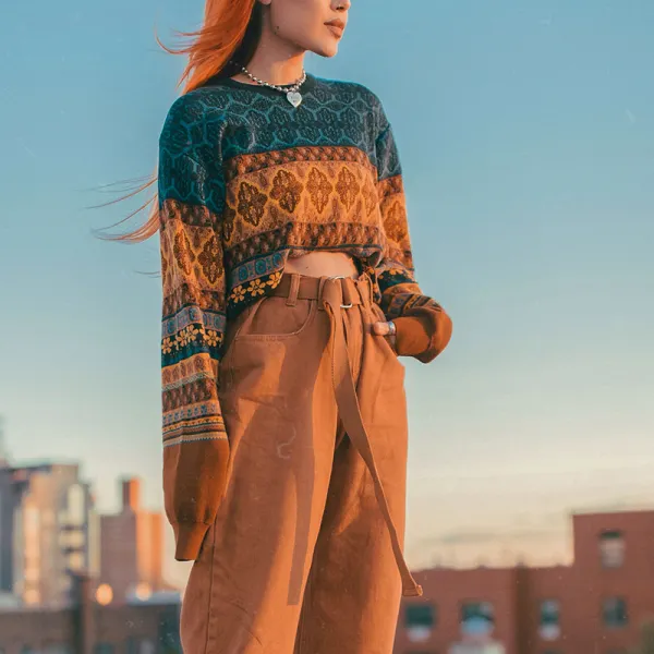 Women's Casual Round Neck Printed Color Lumbar Short Sweater - Spiretime.com 