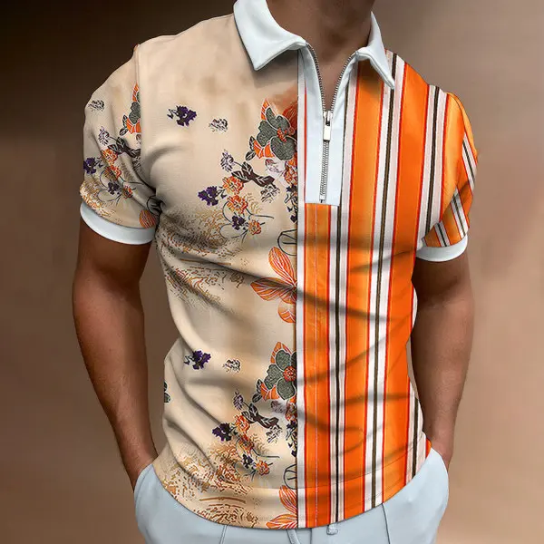 Men's Casual Summer Daily Striped Polo Collar Short Sleeve Polo Shirt - Keymimi.com 