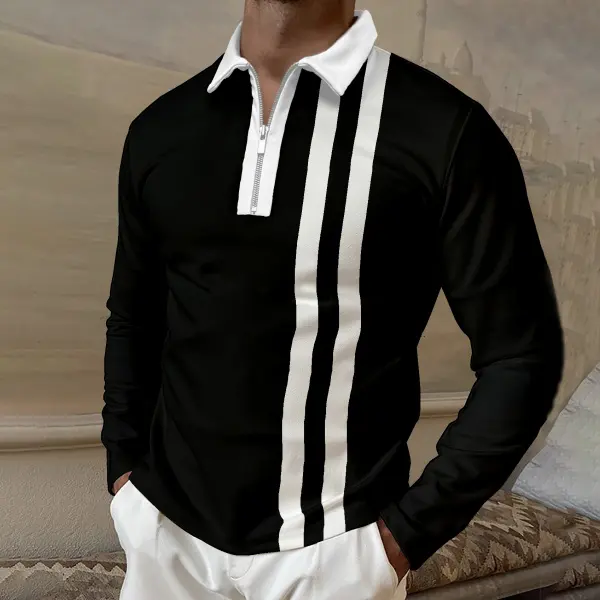 Parallel Bar Stripe Long Sleeve Polo Shirt - Keymimi.com 
