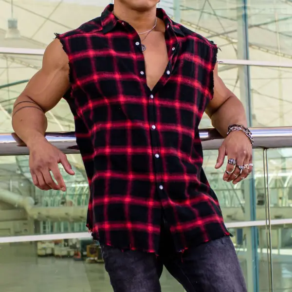 Checked Textured Sleeveless Shirt - Menilyshop.com 