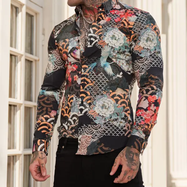 Ultra-thin Stretch Multi-oriental Print Long-sleeved Shirt - Bustalent.com 