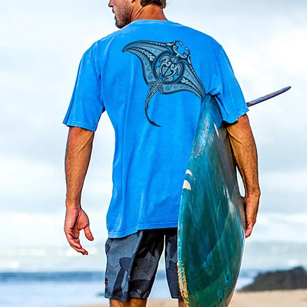 Short Sleeved Blue Hawaiian Classic Round Neck T-shirt - Wayrates.com 