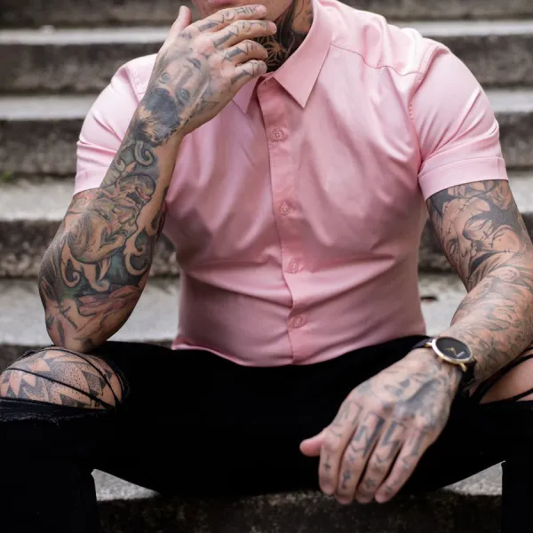 Slim-fit Super Stretch Pink Short-sleeved Shirt - Keymimi.com 