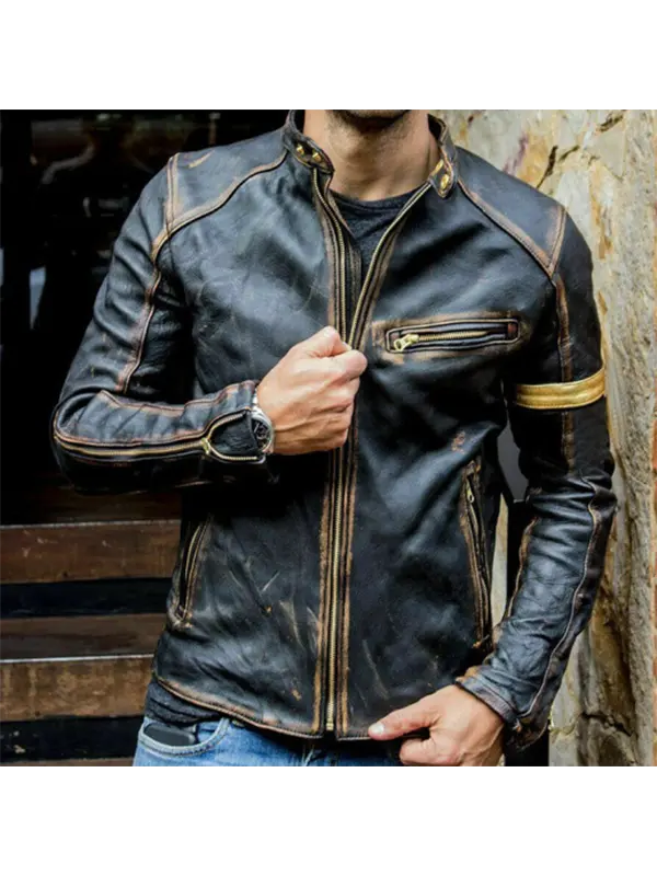 Men's Stand-up Collar Punk Motorcycle Retro Leather Jacket - Machoup.com 