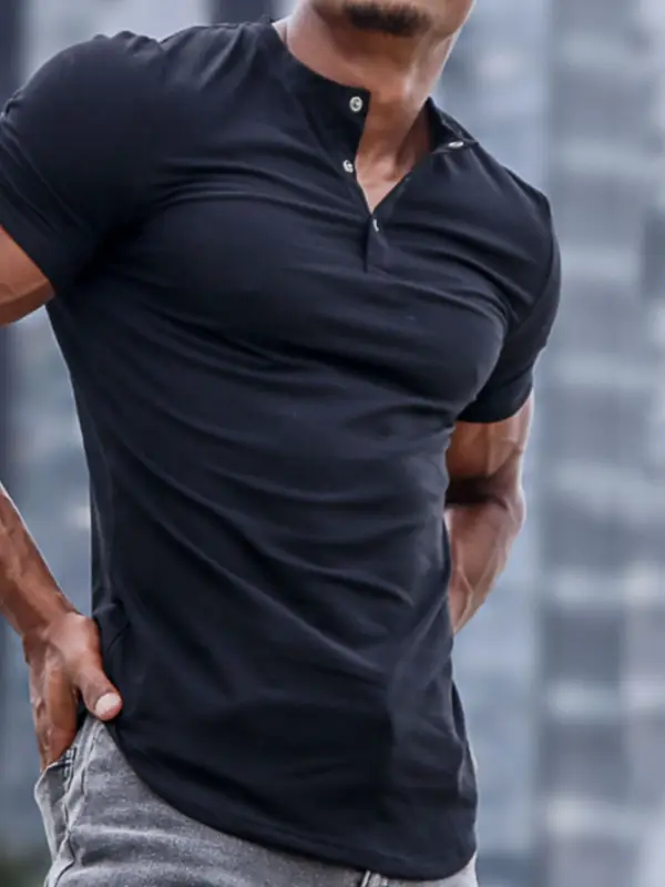 Men's Spring/Summer Henley Stretch Slim T-Shirt - Sunshinetip.com 