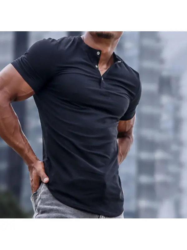 Men's Spring/Summer Henley Stretch Slim T-Shirt - Cominbuy.com 