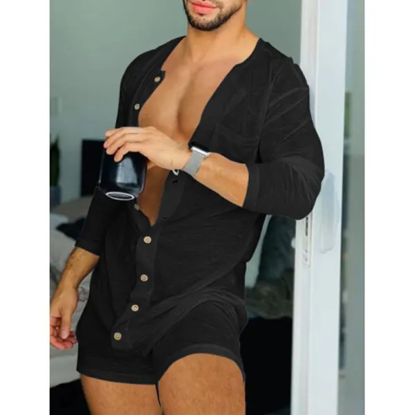 Men's Solid Color Slim Fit Long Sleeve Jumpsuit Pajamas - Menilyshop.com 