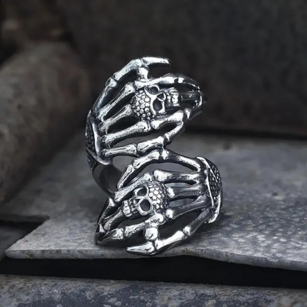 DOUBLE GHOST HAND STAINLESS STEEL SKULL RING - Keymimi.com 