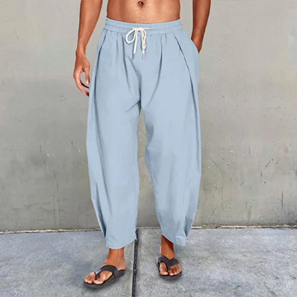 Men's Cotton Linen Drawstring Cropped Casual Harem Pants - Salolist.com 